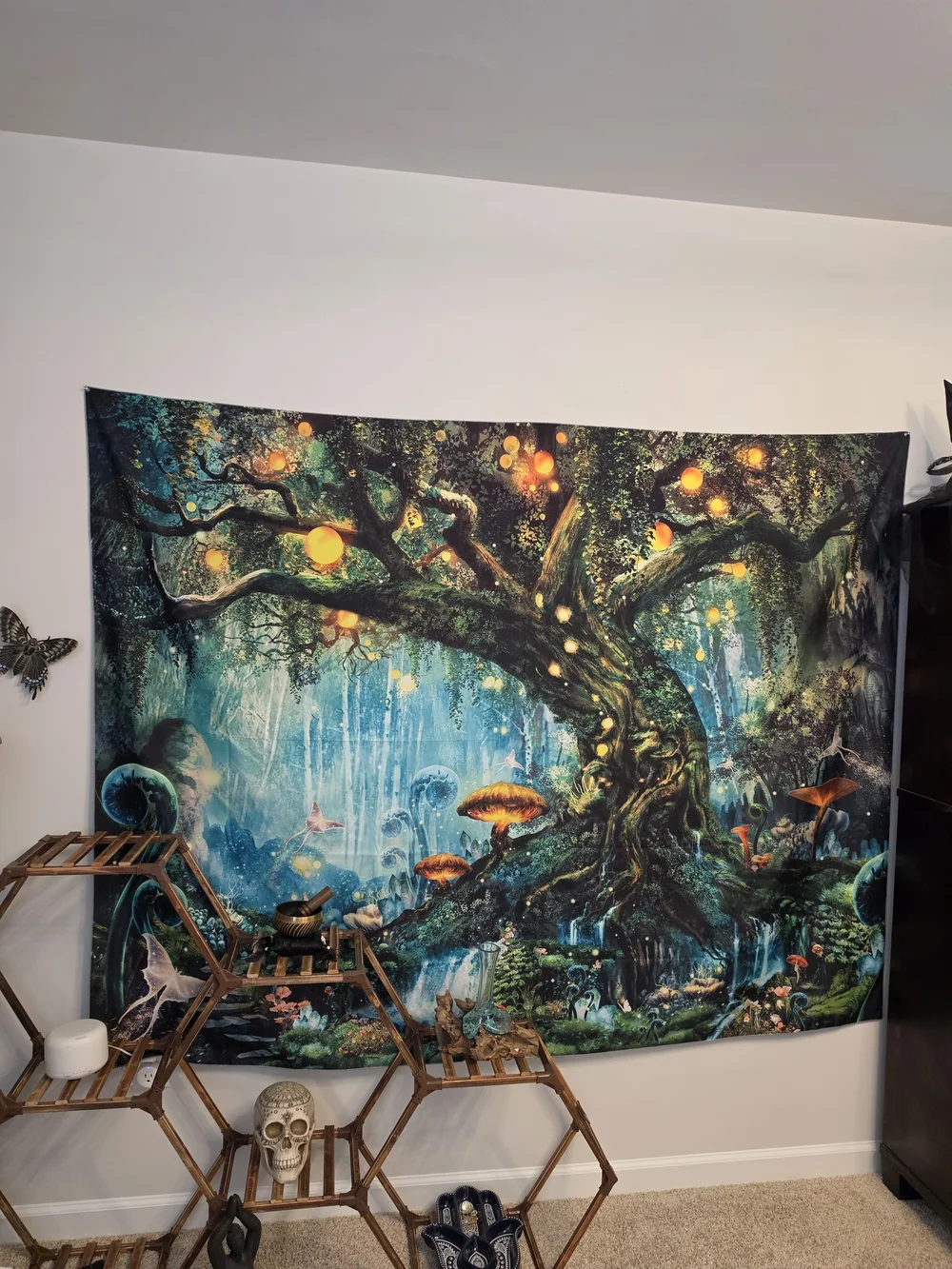 Mystical Forest Tree Tapestry Wall Hanging in Teal and Green